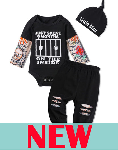 Baby Boy Clothes Tattoo Sleeve Funny Romper Bodysuit+Pants 3PCS Infant Outfits Set