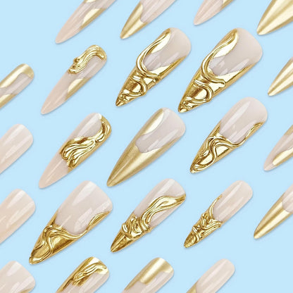 Press on Nails - Long Stiletto Fake Nails with Gold Chrome, Acrylic 3D Gel Design 24 Pcs