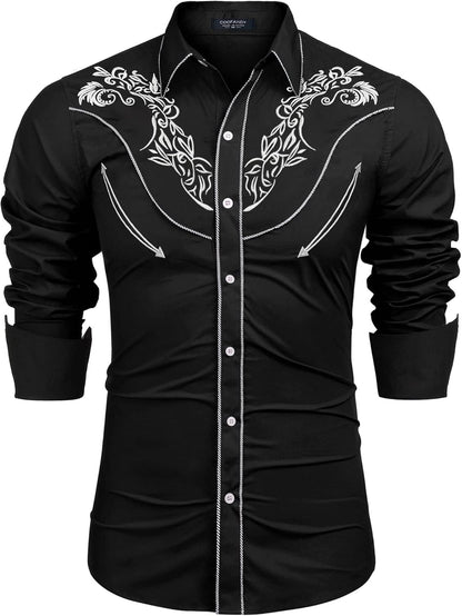 Men'S Cowboy Shirts Embroidered Rose Design Shirts Western Long Sleeve Button down Shirts