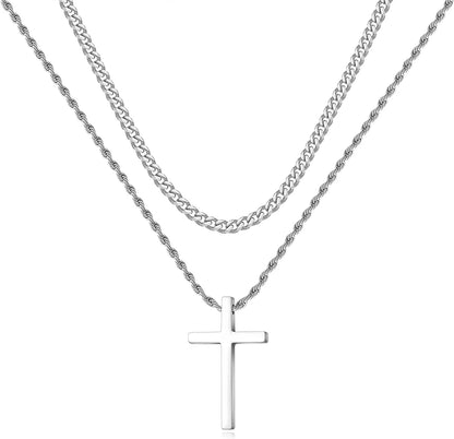 Stainless Steel Cross Necklaces for Men Layered Cuban Link Chain Rope Chain Mens Cross Necklaces Black Silver Gold Cross Pendant Necklace for Men Women 16-26 Inches