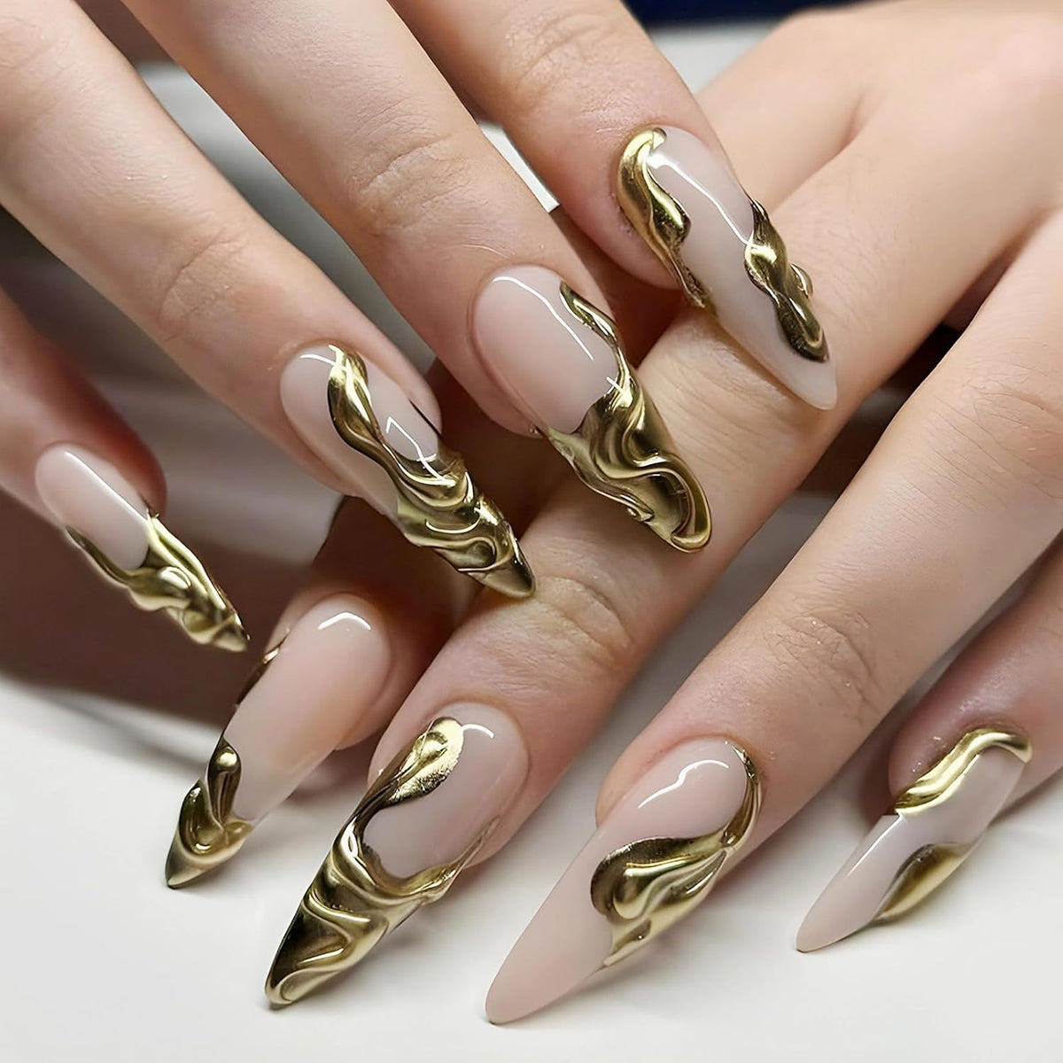 Press on Nails - Long Stiletto Fake Nails with Gold Chrome, Acrylic 3D Gel Design 24 Pcs