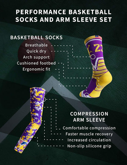 Basketball Socks for Men & Boys Crew Socks with Basketball Arm Sleeve - Made in USA