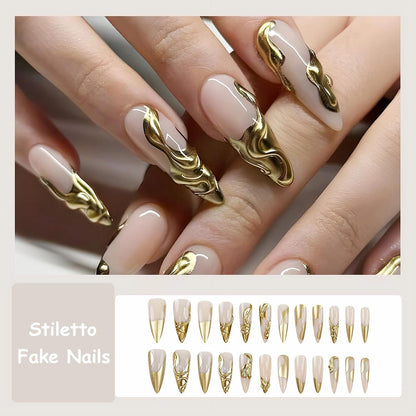 Press on Nails - Long Stiletto Fake Nails with Gold Chrome, Acrylic 3D Gel Design 24 Pcs
