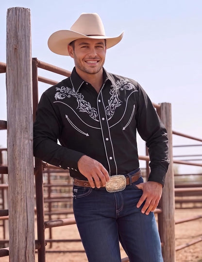 Men'S Cowboy Shirts Embroidered Rose Design Shirts Western Long Sleeve Button down Shirts